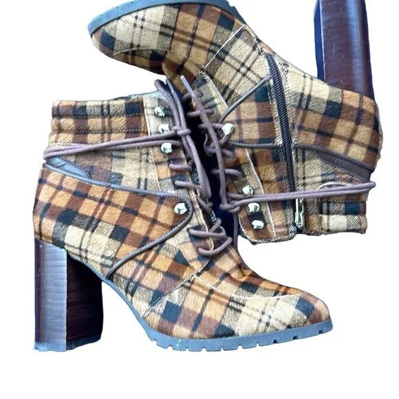 ANTONIO MELANI GRAYCIEE Plaid Calf Hair Leather Animal Print Color High Block He