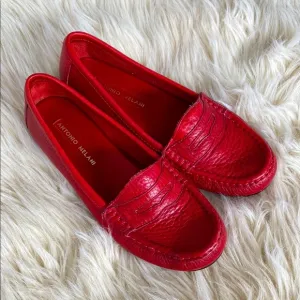 Antonio Melani Red Leather Loafers sz 8 Preppy Coastal Nautical Old Money Chic