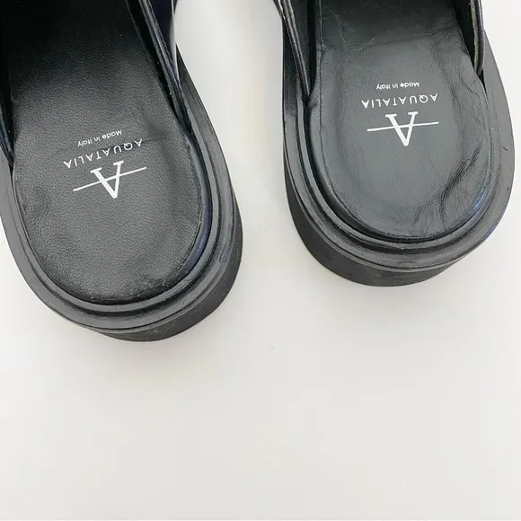Aquatalia Black Leather Michelina Mules Wedge Loafers