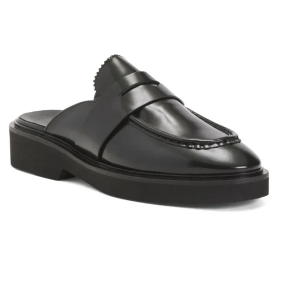 Aquatalia Black Leather Michelina Mules Wedge Loafers