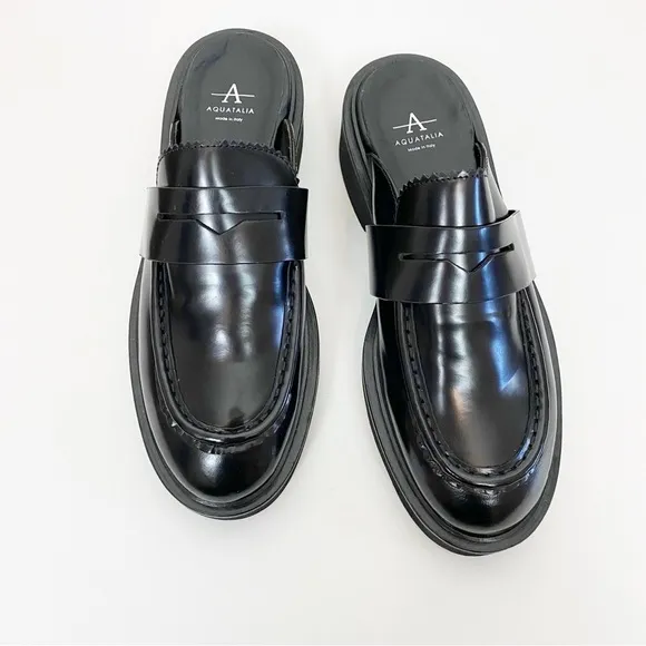 Aquatalia Black Leather Michelina Mules Wedge Loafers