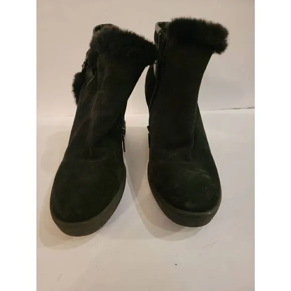Aquatalia Christa Women's Black Suede Side Zip Fur Wedge Ankle Boots Size 8.5