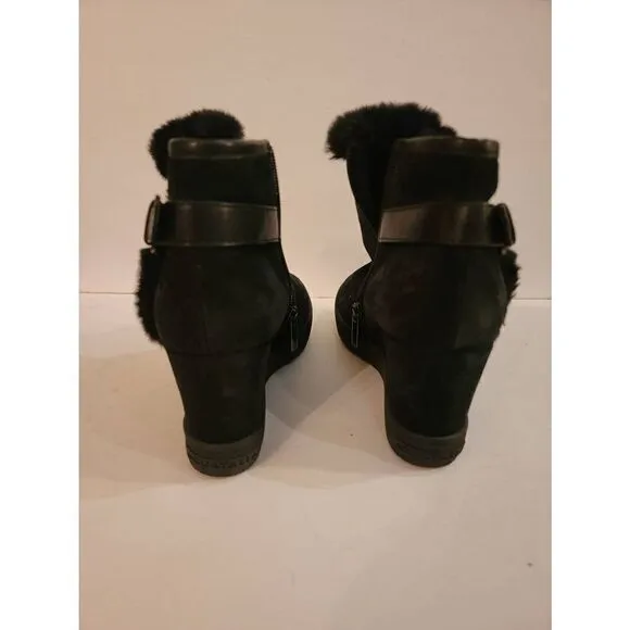 Aquatalia Christa Women's Black Suede Side Zip Fur Wedge Ankle Boots Size 8.5