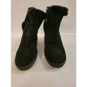 Aquatalia Christa Women's Black Suede Side Zip Fur Wedge Ankle Boots Size 8.5