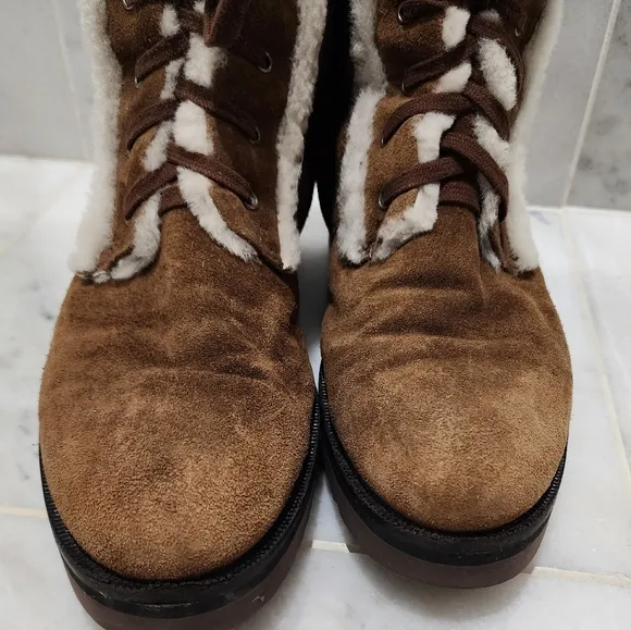 Aquatalia Shearling Fur Lined Winter Combat Boots Payton 8 Brown Suede
