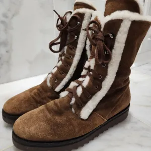 Aquatalia Shearling Fur Lined Winter Combat Boots Payton 8 Brown Suede