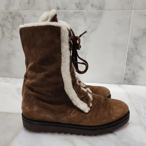 Aquatalia Shearling Fur Lined Winter Combat Boots Payton 8 Brown Suede