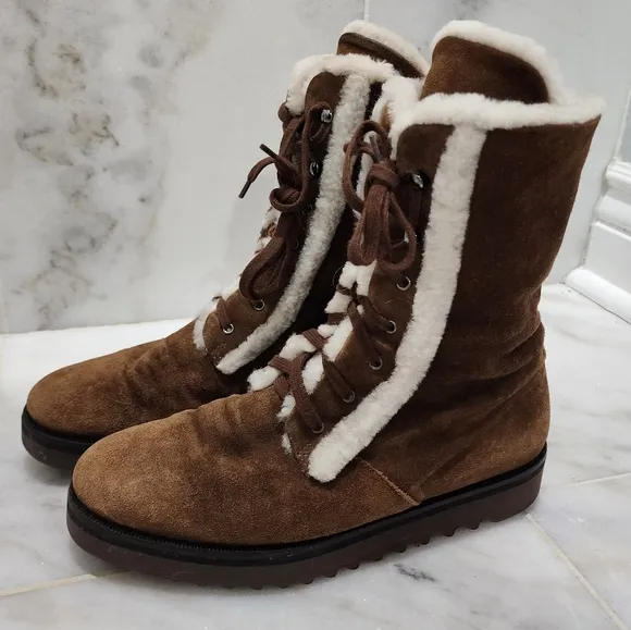 Aquatalia Shearling Fur Lined Winter Combat Boots Payton 8 Brown Suede
