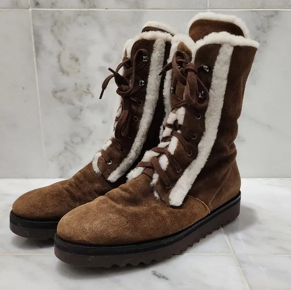 Aquatalia Shearling Fur Lined Winter Combat Boots Payton 8 Brown Suede