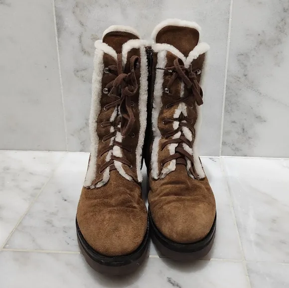 Aquatalia Shearling Fur Lined Winter Combat Boots Payton 8 Brown Suede