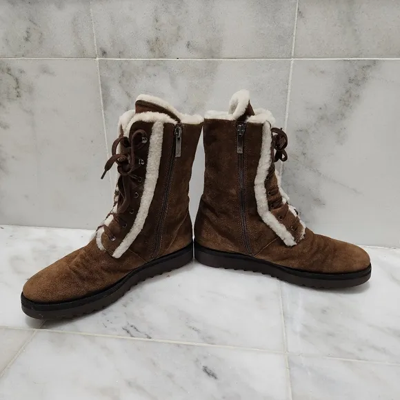 Aquatalia Shearling Fur Lined Winter Combat Boots Payton 8 Brown Suede