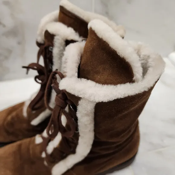 Aquatalia Shearling Fur Lined Winter Combat Boots Payton 8 Brown Suede