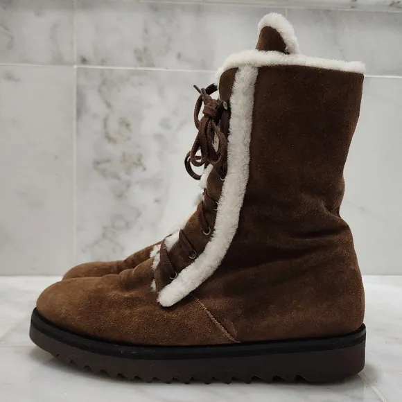 Aquatalia Shearling Fur Lined Winter Combat Boots Payton 8 Brown Suede