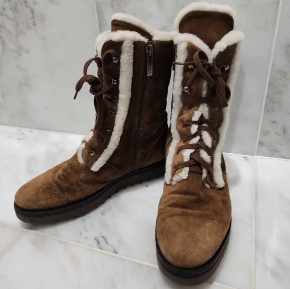 Aquatalia Shearling Fur Lined Winter Combat Boots Payton 8 Brown Suede