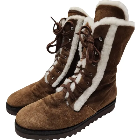Aquatalia Shearling Fur Lined Winter Combat Boots Payton 8 Brown Suede