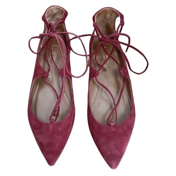 AQUAZZURA Christy Lace-Up Suede Point-Toe Flats Shoes Size 8