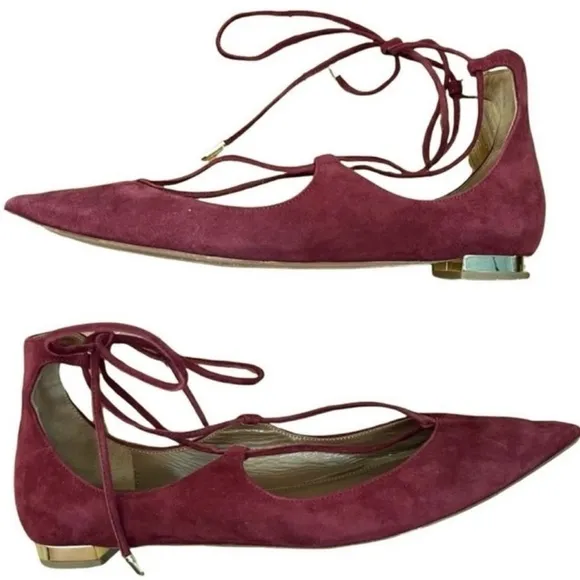 AQUAZZURA Christy Lace-Up Suede Point-Toe Flats Shoes Size 8