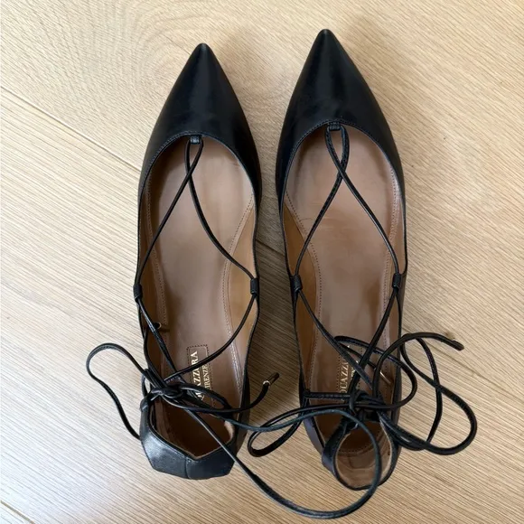 AQUAZZURA- New Elegant Black Lace-Up Flats