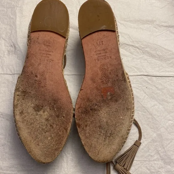 Aquazzura Sunshine Pom-Pom Latte Suede Espadrille Ankle Straps 7.5 US  37.5 EU