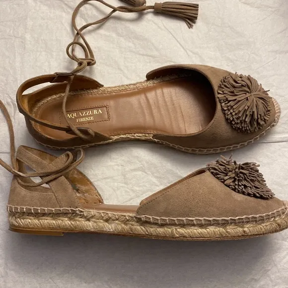 Aquazzura Sunshine Pom-Pom Latte Suede Espadrille Ankle Straps 7.5 US  37.5 EU