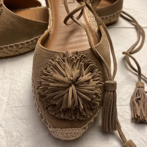 Aquazzura Sunshine Pom-Pom Latte Suede Espadrille Ankle Straps 7.5 US  37.5 EU