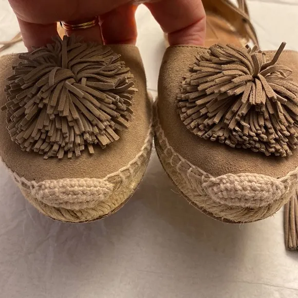 Aquazzura Sunshine Pom-Pom Latte Suede Espadrille Ankle Straps 7.5 US  37.5 EU