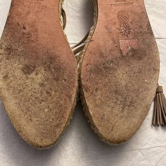 Aquazzura Sunshine Pom-Pom Latte Suede Espadrille Ankle Straps 7.5 US  37.5 EU