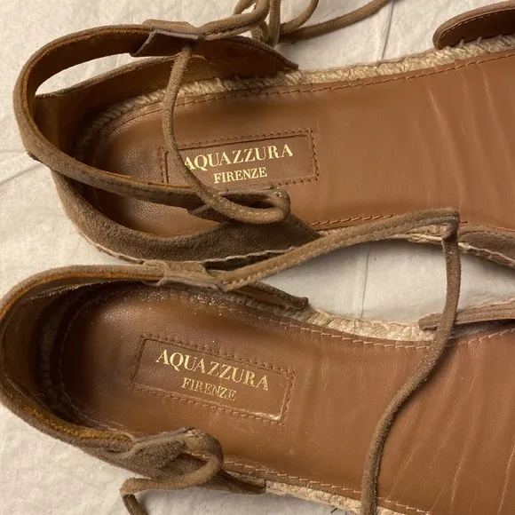 Aquazzura Sunshine Pom-Pom Latte Suede Espadrille Ankle Straps 7.5 US  37.5 EU