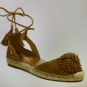 Aquazzura Sunshine Pom-Pom Latte Suede Espadrille Ankle Straps 7.5 US  37.5 EU