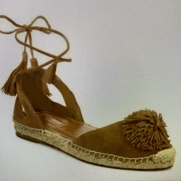 Aquazzura Sunshine Pom-Pom Latte Suede Espadrille Ankle Straps 7.5 US  37.5 EU