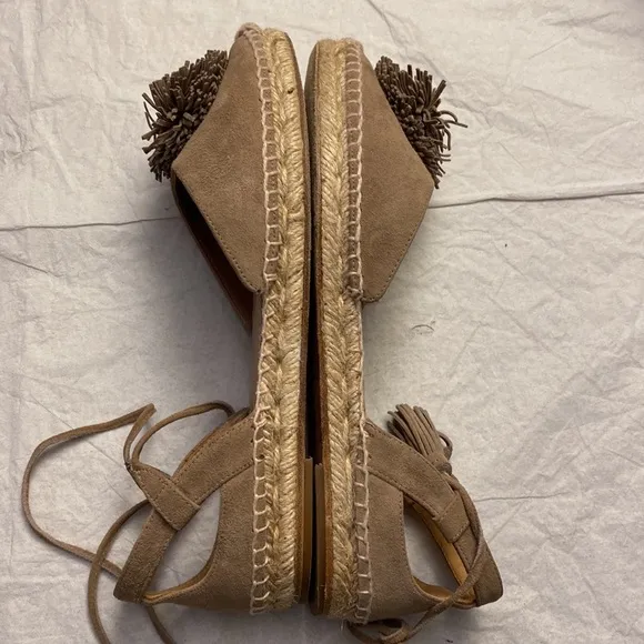 Aquazzura Sunshine Pom-Pom Latte Suede Espadrille Ankle Straps 7.5 US  37.5 EU