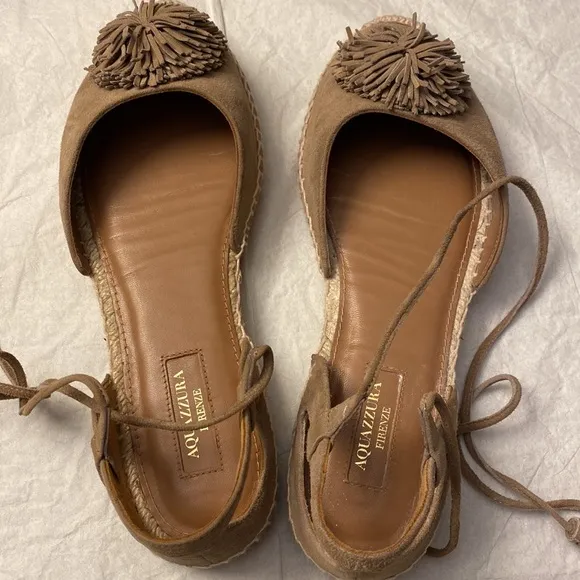 Aquazzura Sunshine Pom-Pom Latte Suede Espadrille Ankle Straps 7.5 US  37.5 EU
