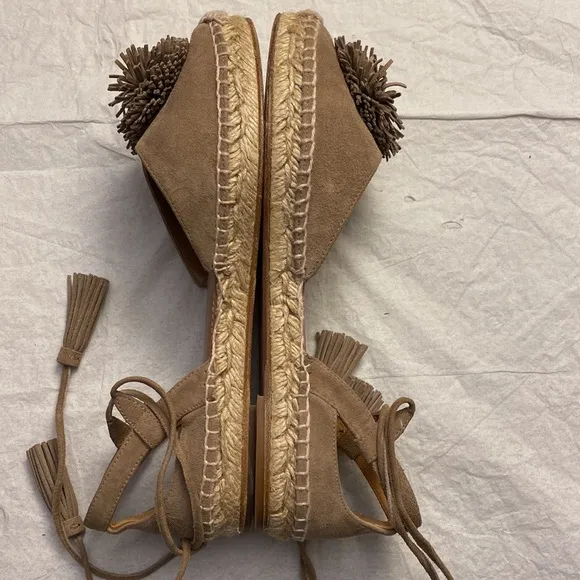 Aquazzura Sunshine Pom-Pom Latte Suede Espadrille Ankle Straps 7.5 US  37.5 EU