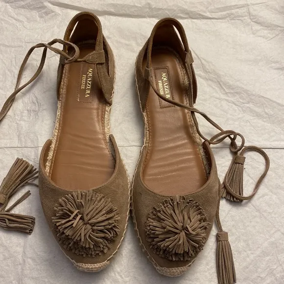 Aquazzura Sunshine Pom-Pom Latte Suede Espadrille Ankle Straps 7.5 US  37.5 EU
