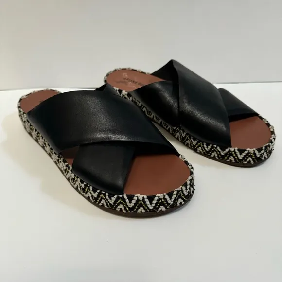 Ariana Bohling black leather slide sandal crisscross strap espadrille US8.5 EU39
