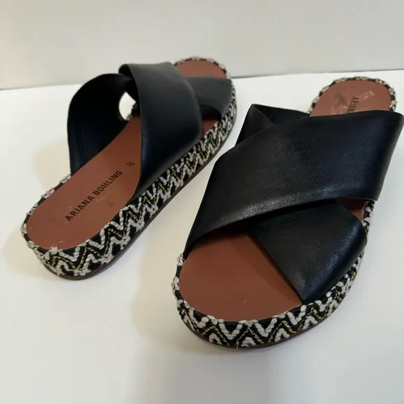 Ariana Bohling black leather slide sandal crisscross strap espadrille US8.5 EU39