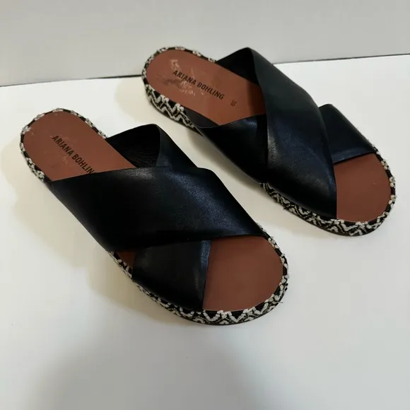 Ariana Bohling black leather slide sandal crisscross strap espadrille US8.5 EU39