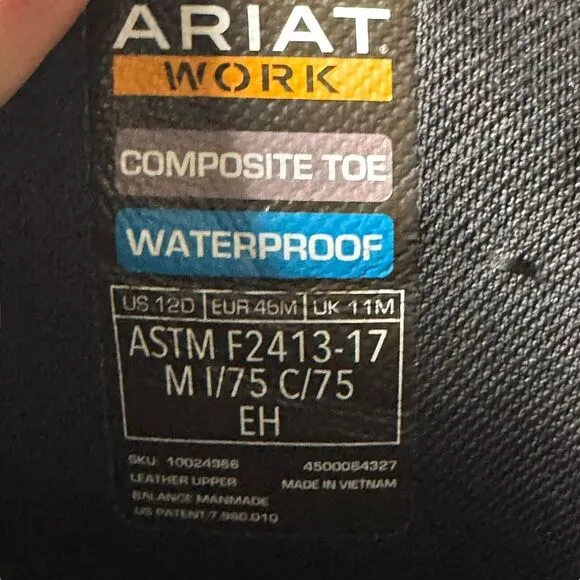 Ariat WorkHog XT H20 Carbon Toe Work Boots Men's‎ 12D Waterproof 10024966