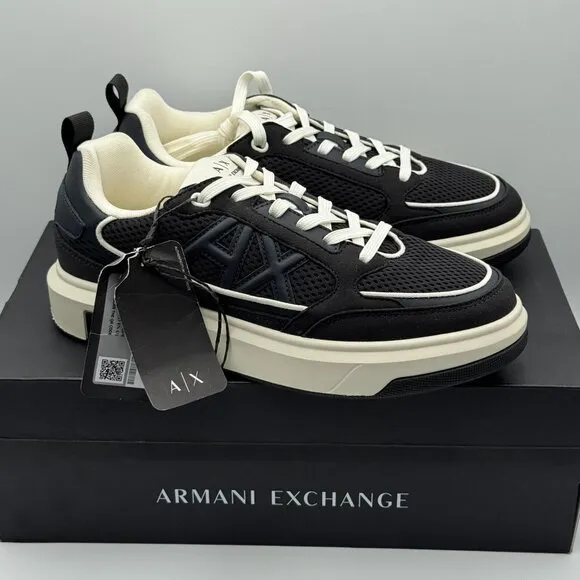 Armani Exchange Black &amp; White Jet Set Lace-Up Textile Logo Low Sneakers Shoes 8