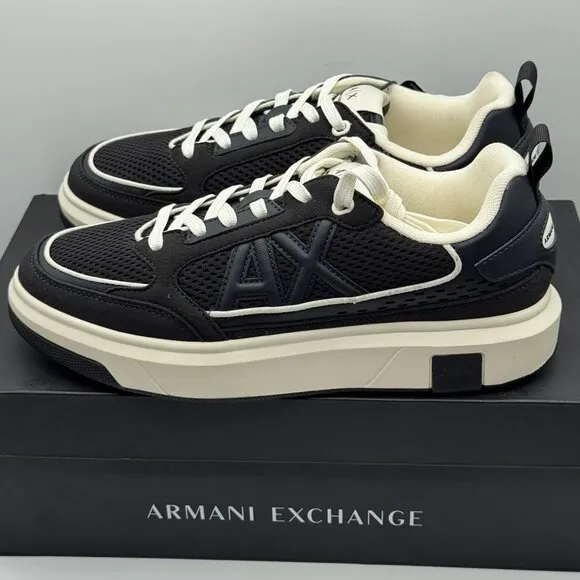 Armani Exchange Black &amp; White Jet Set Lace-Up Textile Logo Low Sneakers Shoes 8