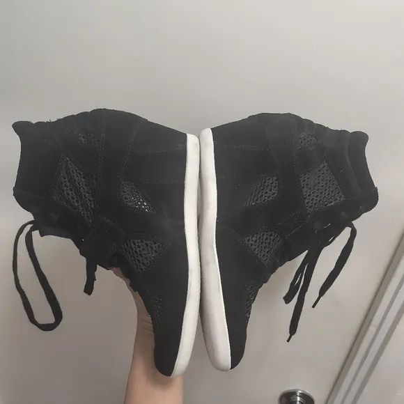 Ash Bowie Wedge Sneakers Ankle Booties Mesh Black Suede Leather Size 10
