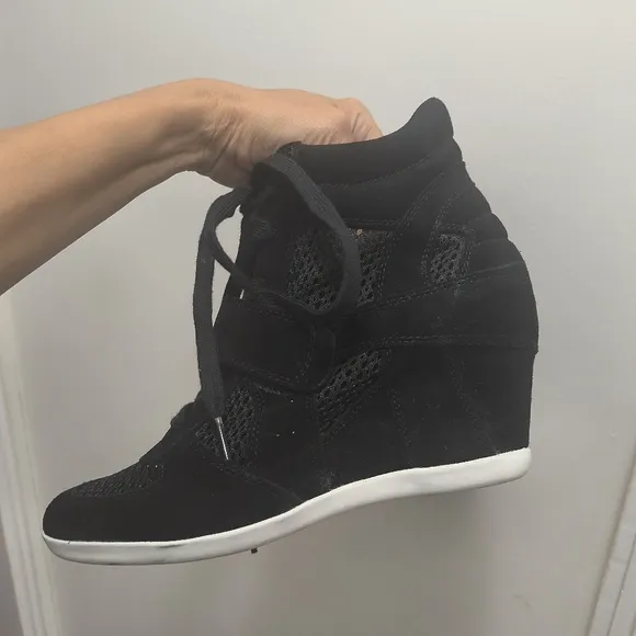 Ash Bowie Wedge Sneakers Ankle Booties Mesh Black Suede Leather Size 10