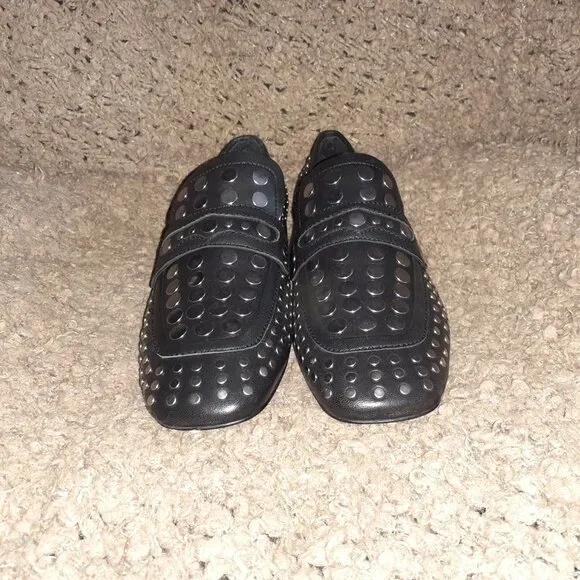ASH-ONO-Black Leather-Silver Studded Loafers-Size 37-6.5-New In Box/Dustbag