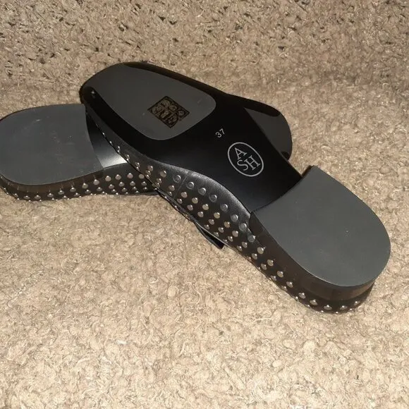 ASH-ONO-Black Leather-Silver Studded Loafers-Size 37-6.5-New In Box/Dustbag