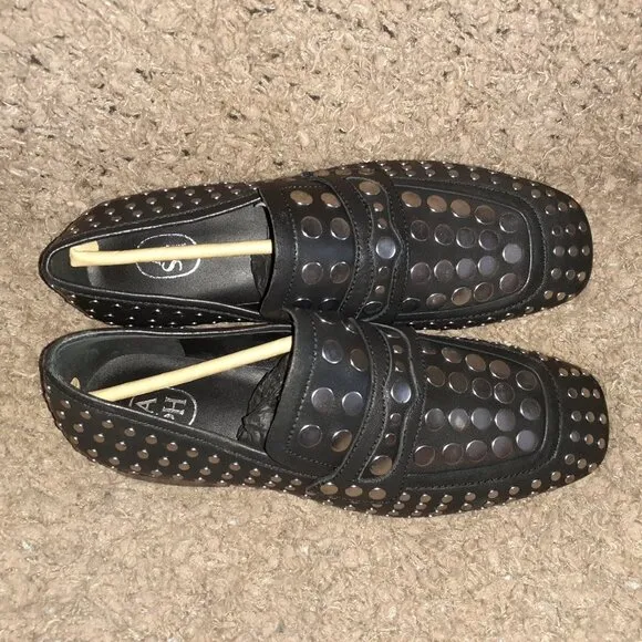 ASH-ONO-Black Leather-Silver Studded Loafers-Size 37-6.5-New In Box/Dustbag