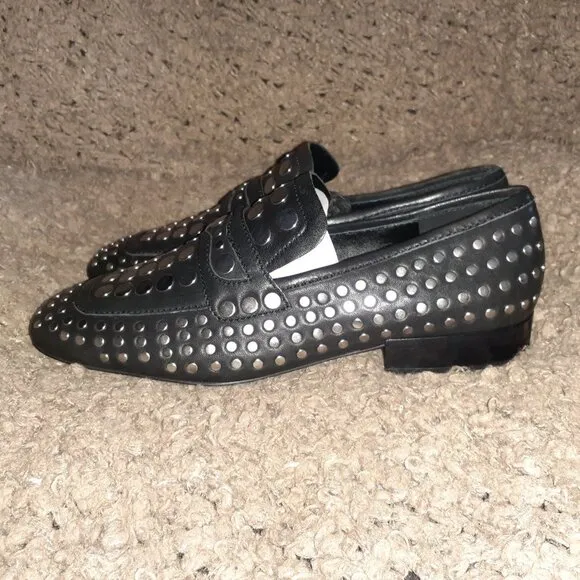 ASH-ONO-Black Leather-Silver Studded Loafers-Size 37-6.5-New In Box/Dustbag