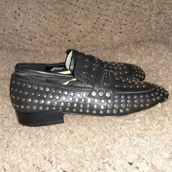 ASH-ONO-Black Leather-Silver Studded Loafers-Size 37-6.5-New In Box/Dustbag