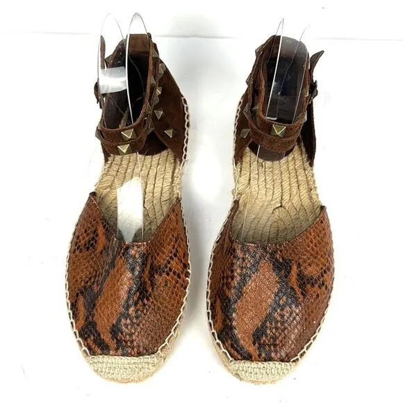 ASH Spain Rockstud Leather Suede Flat Espadrilles Brown Piton Print 37 US 6,5