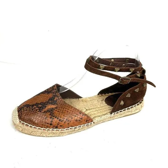 ASH Spain Rockstud Leather Suede Flat Espadrilles Brown Piton Print 37 US 6,5