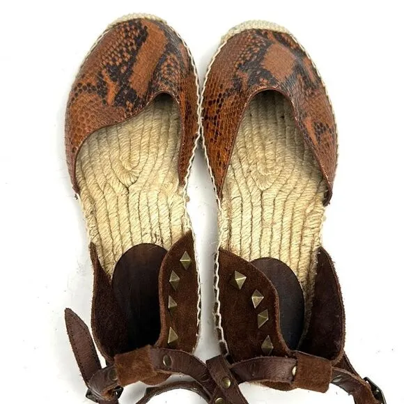 ASH Spain Rockstud Leather Suede Flat Espadrilles Brown Piton Print 37 US 6,5